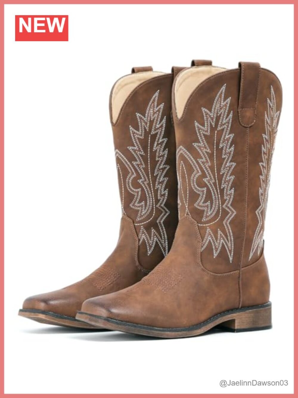 Cowboy Boots Women Square Toe Faux Leather Embroidered Mid Calf Western
